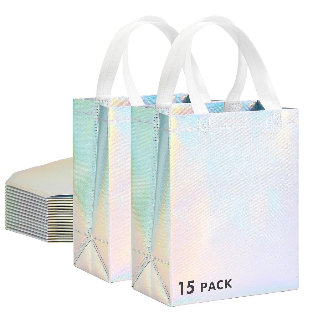 15 Pcs Iridescent Glossy Gift Bags Medium Size, 8x4x10 Inch Holographic